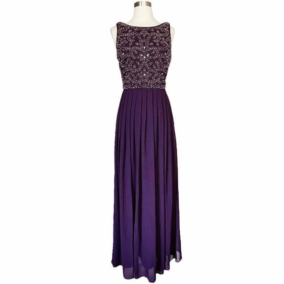 XSCAPE Purple Embellished Dress A-Line Chiffon Pleated Skirt Sleeveless Gown 6 - Picture 8 of 13
